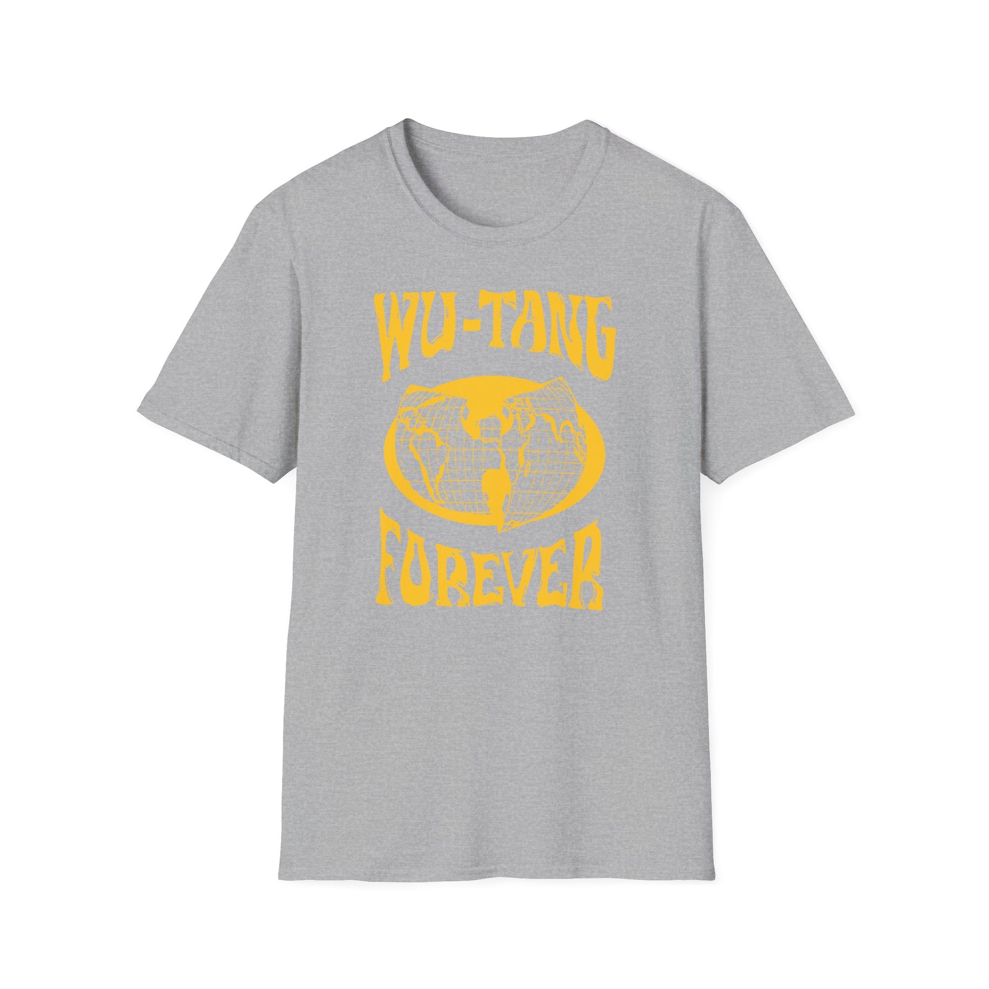 Grey t-shirt with yellow Wu-Tang Forever graphic and world map emblem.
