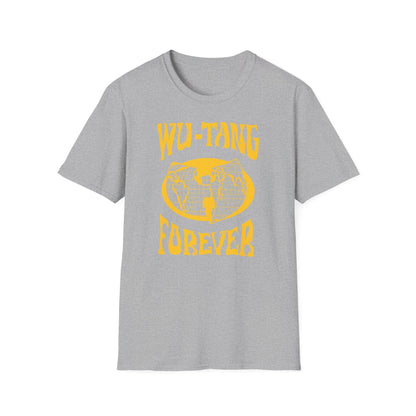 Grey t-shirt with yellow Wu-Tang Forever graphic and world map emblem.