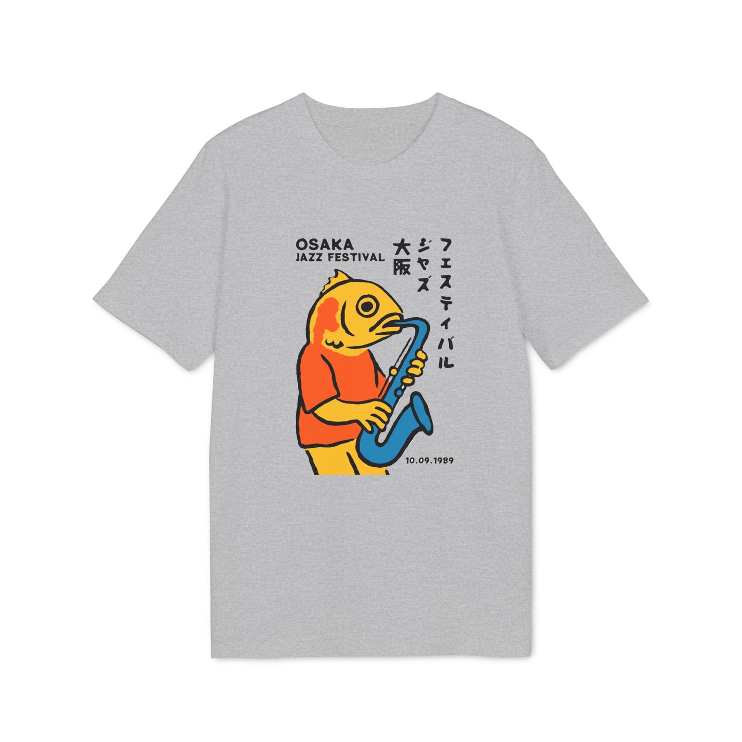 Yellow fish in orange shirt plays blue saxophone, "Osaka Jazz Festival" text, 10.09.1989 date.
