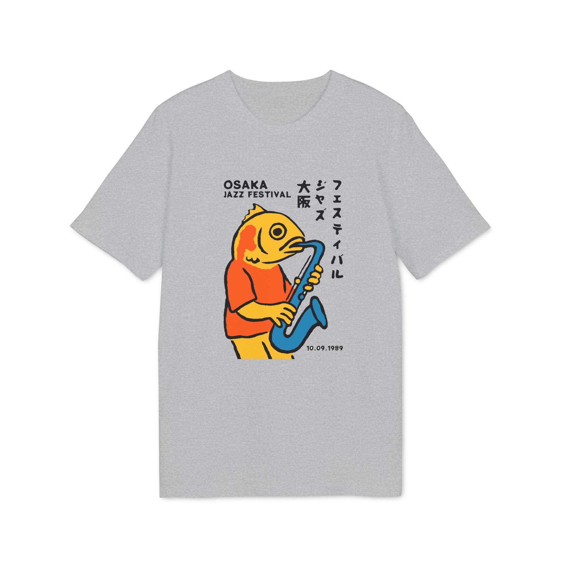 Yellow fish in orange shirt plays blue saxophone, "Osaka Jazz Festival" text, 10.09.1989 date.