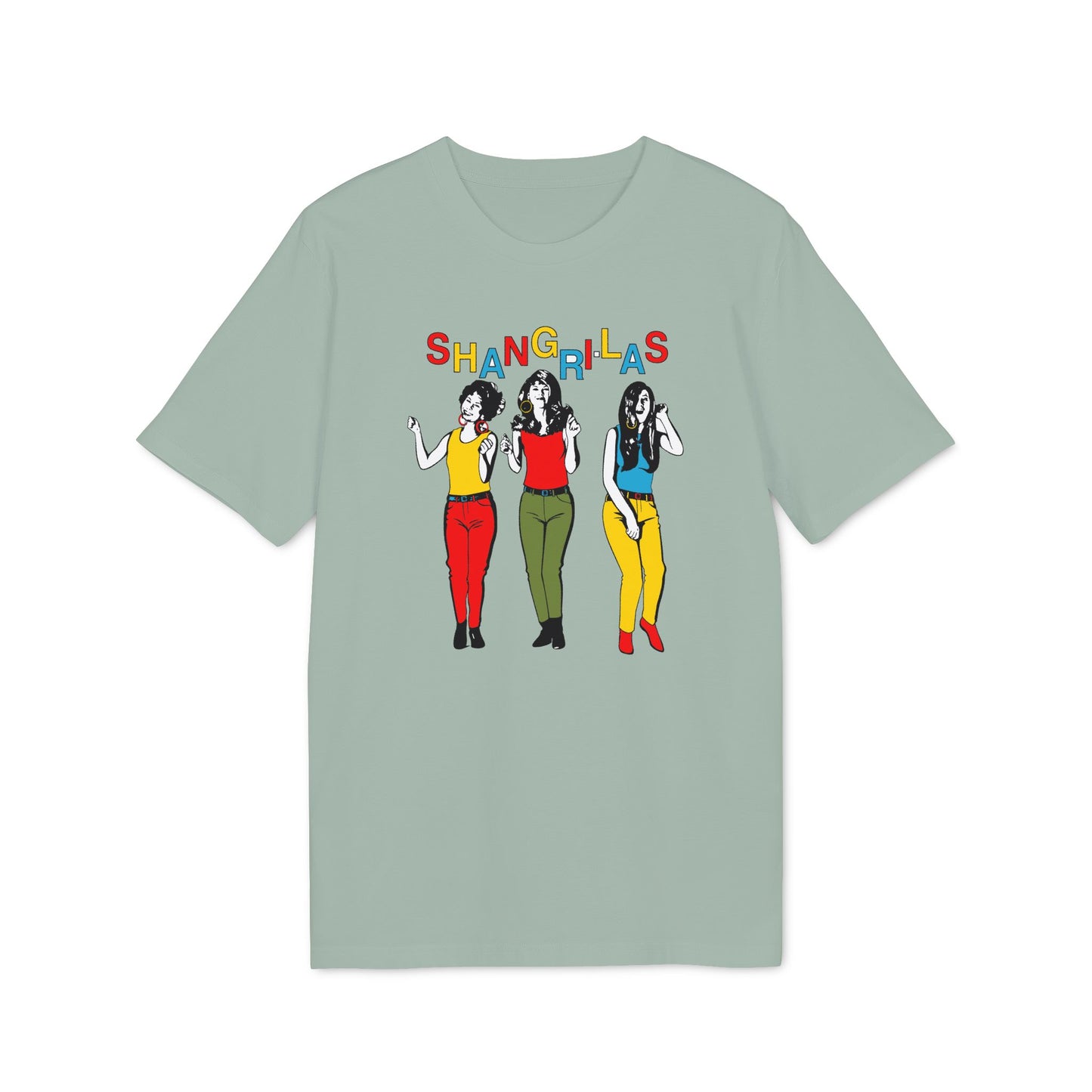 Shangri-Las text and illustration of three women in colorful outfits on a t-shirt.
