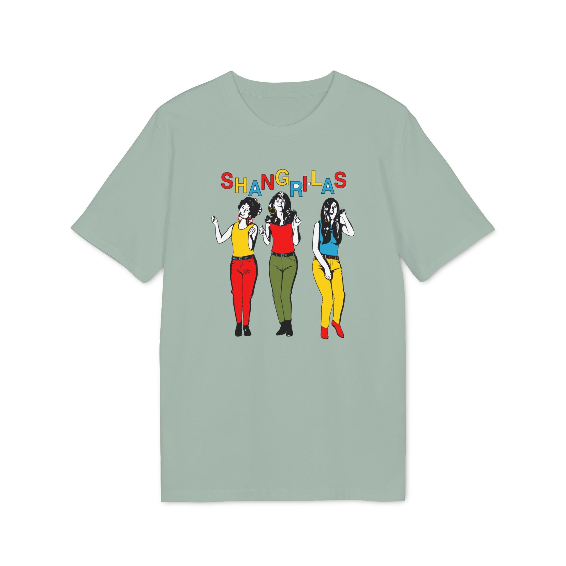 Shangri-Las text and illustration of three women in colorful outfits on a t-shirt.