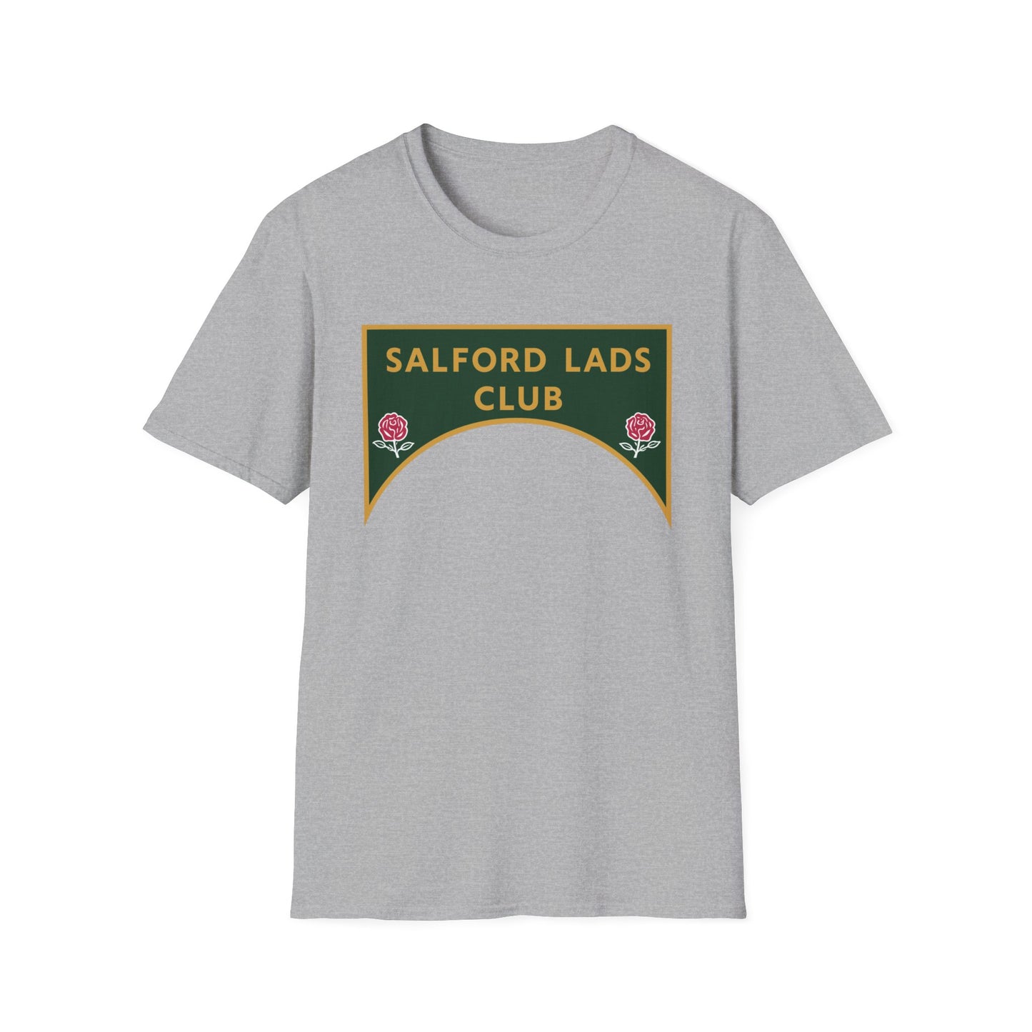 Grey t-shirt with "SALFORD LADS CLUB" text and rose emblems.