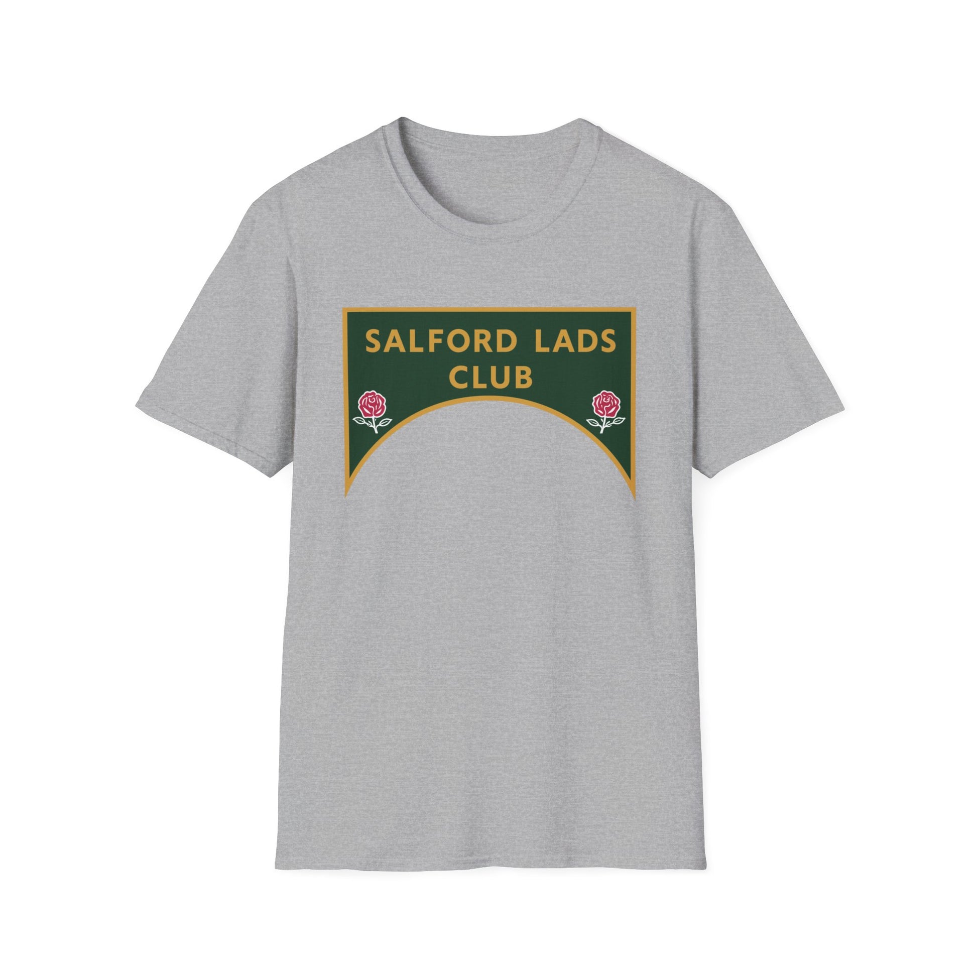 Grey t-shirt with "SALFORD LADS CLUB" text and rose emblems.