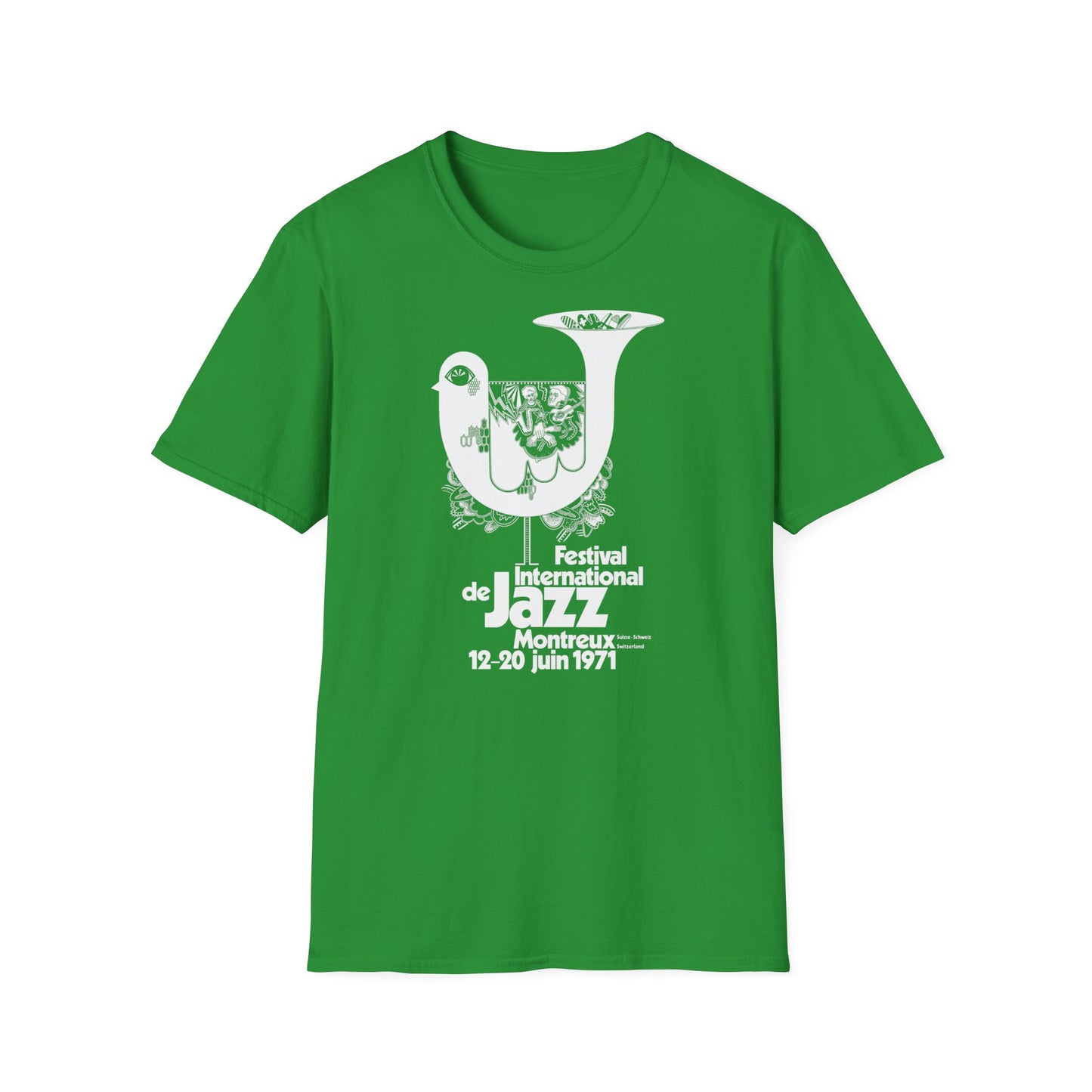 Green t-shirt with white Montreux Jazz Festival 1971 text and dove graphic.