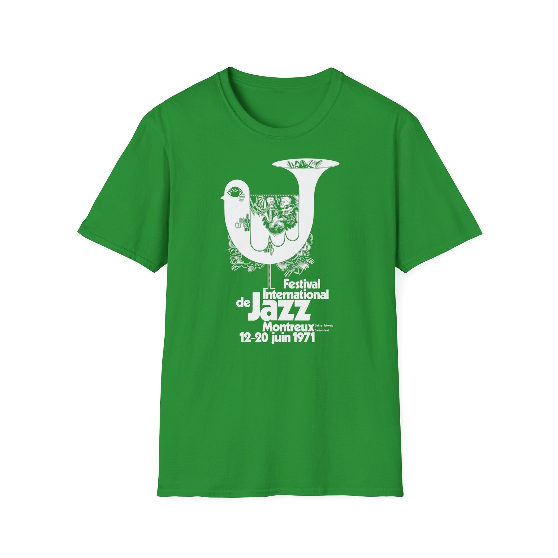 Green t-shirt with white Montreux Jazz Festival 1971 text and dove graphic.