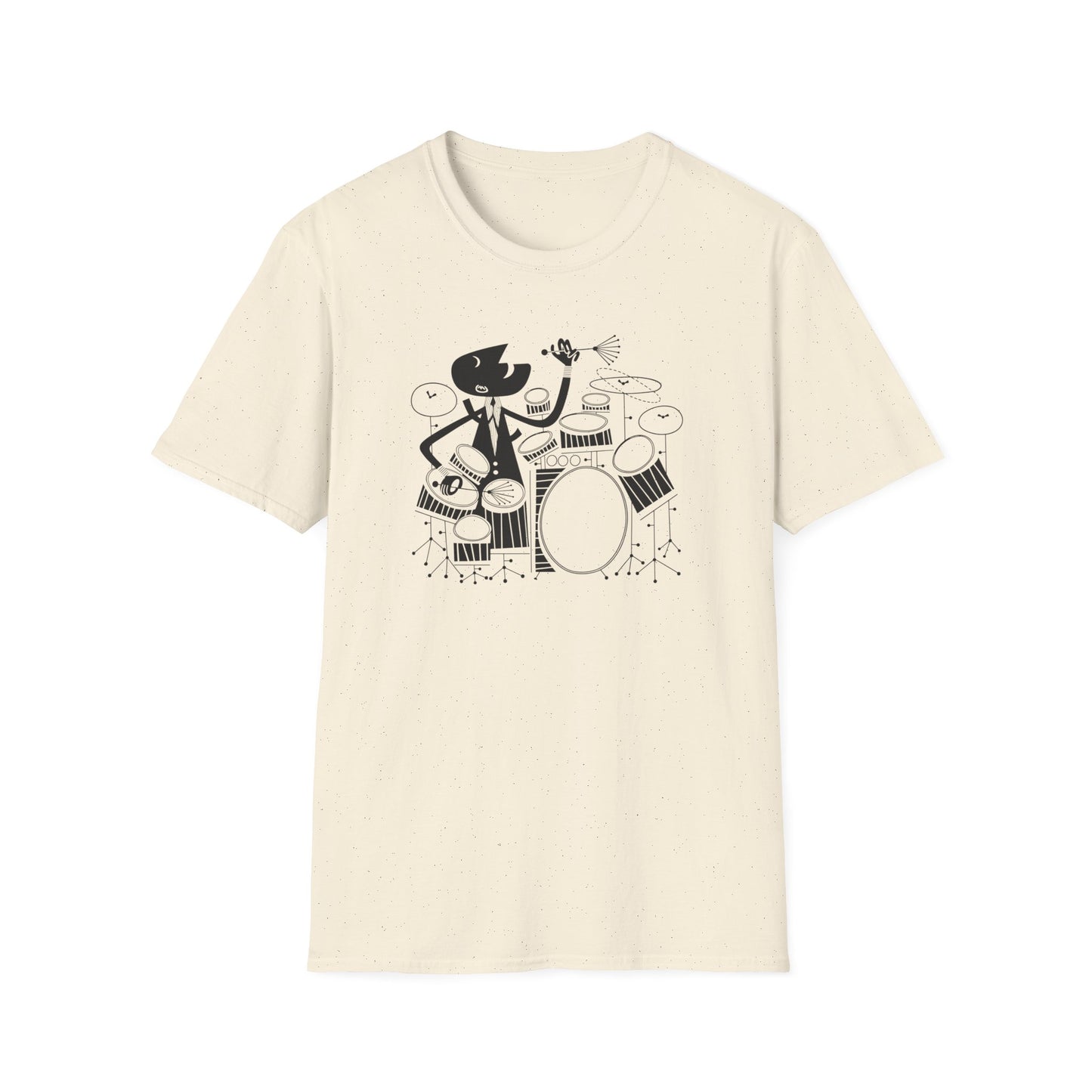 Black and white cartoon drummer playing a drum set with cymbals.