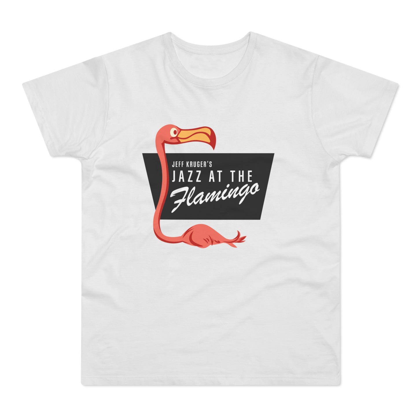 White t-shirt with pink flamingo graphic and text "Jeff Kruger's Jazz at the Flamingo".