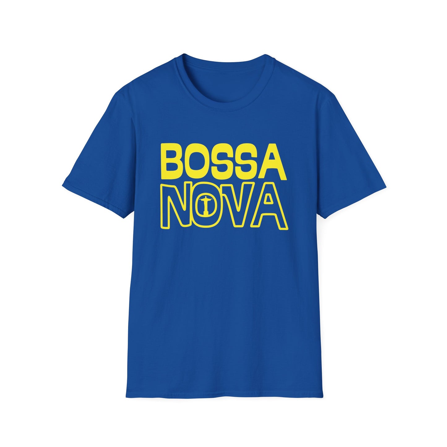 Blue t-shirt with yellow "BOSSA NOVA" text and Christ the Redeemer icon