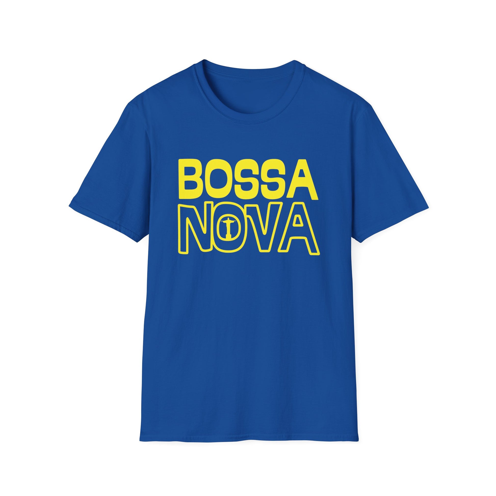 Blue t-shirt with yellow "BOSSA NOVA" text and Christ the Redeemer icon