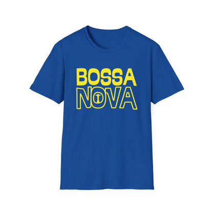 Blue t-shirt with yellow "BOSSA NOVA" text and Christ the Redeemer icon