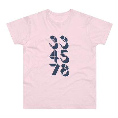 Pink t-shirt with navy blue abstract numbers 33, 45, 78.