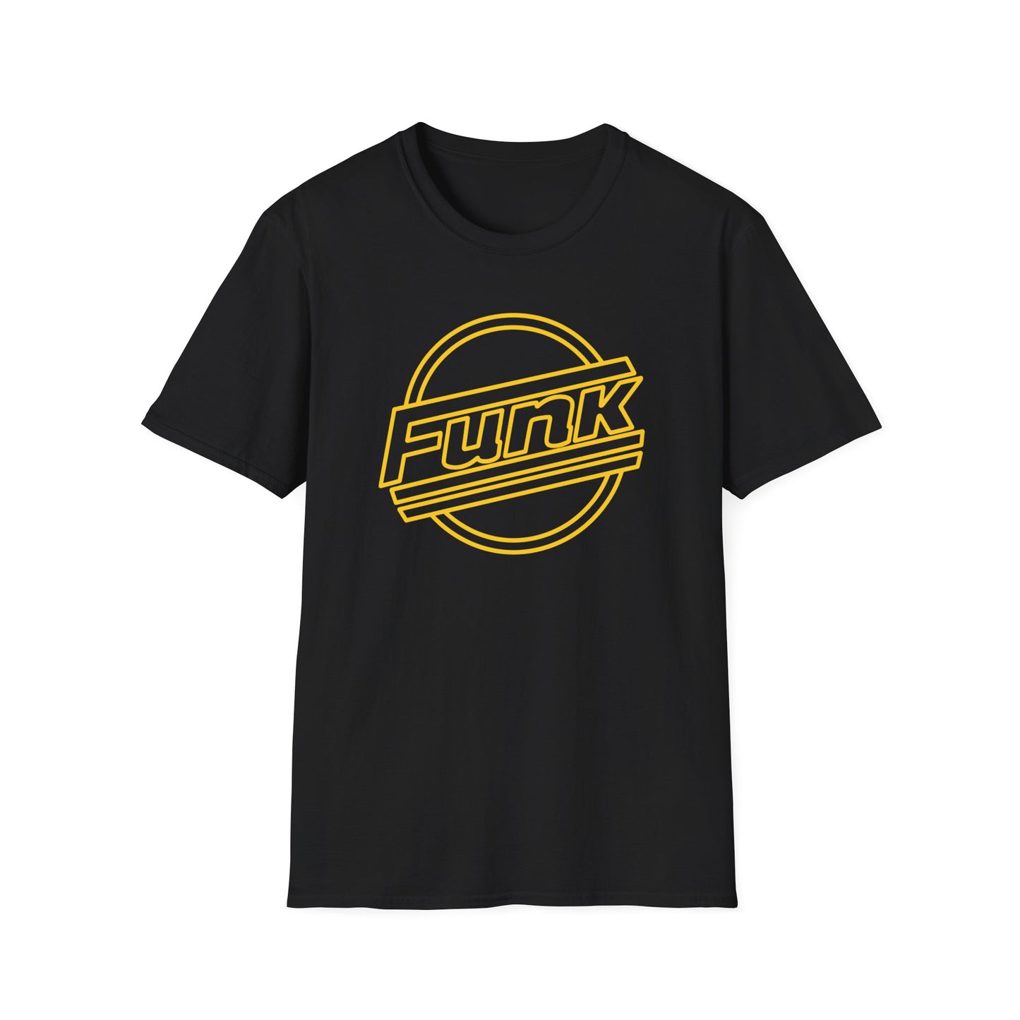 Black t-shirt with yellow text "Funk" across a circular outline.