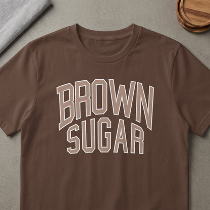 Brown t-shirt with "BROWN SUGAR" text in beige and off-white.