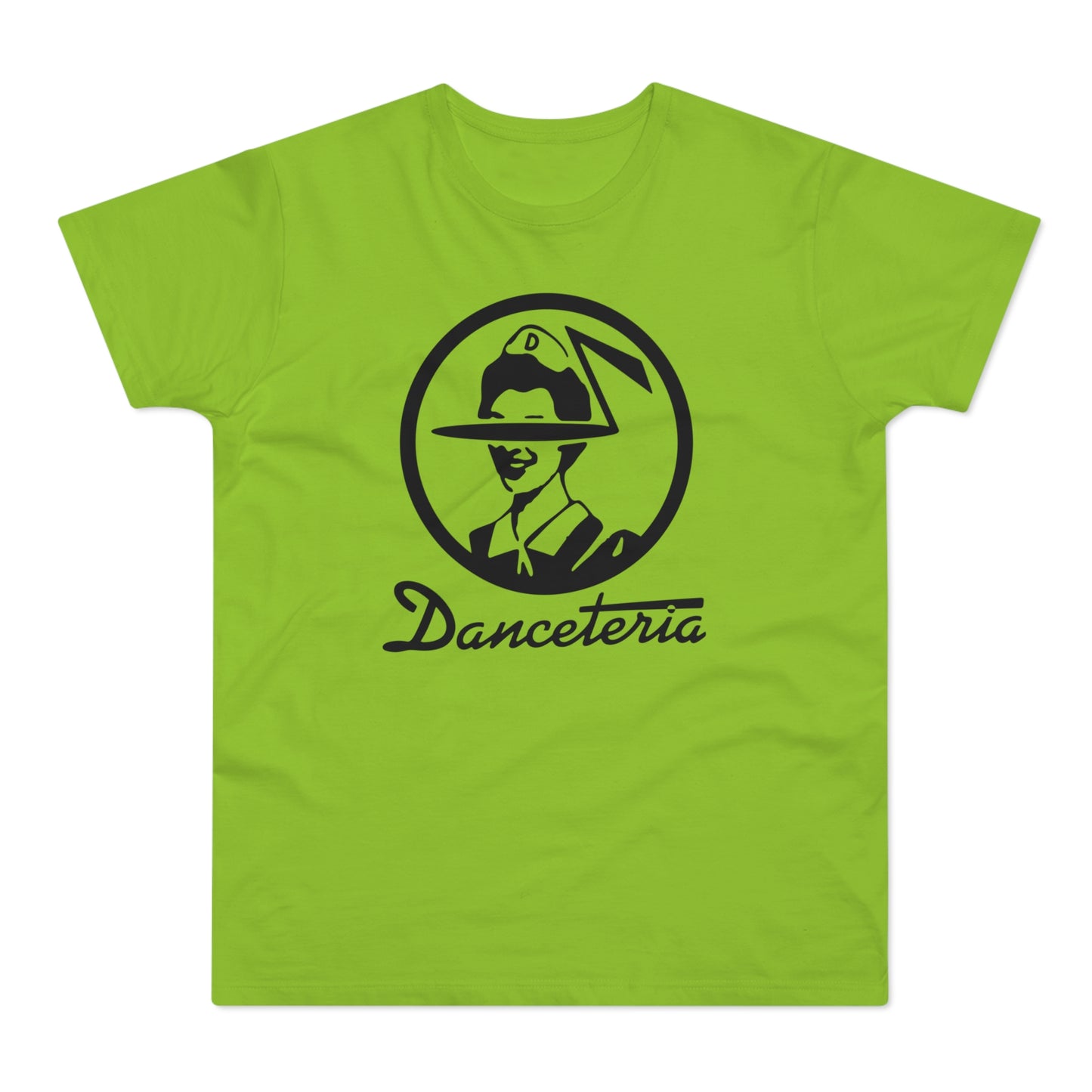 LIME GREEN T-SHIRT WITH BLACK DANCETERIA LOGO FEATURING A CIRCULAR GRAPHIC AND TEXT
