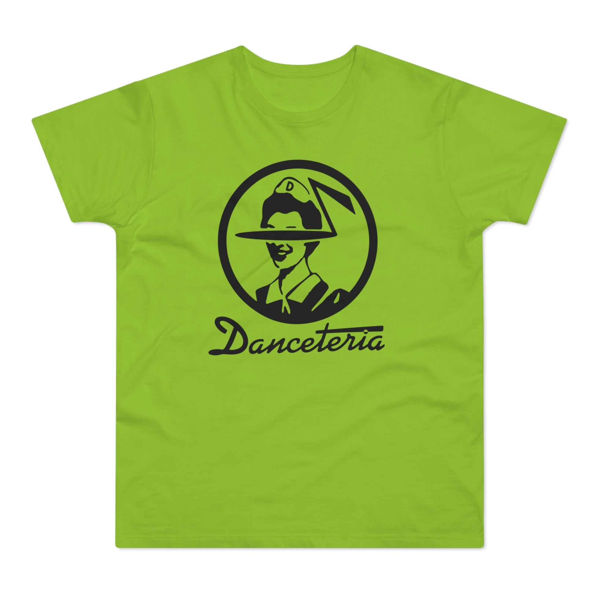 LIME GREEN T-SHIRT WITH BLACK DANCETERIA LOGO FEATURING A CIRCULAR GRAPHIC AND TEXT