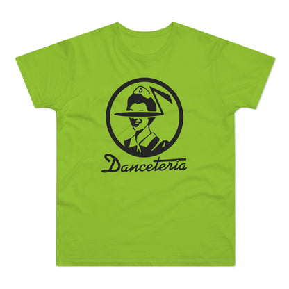 LIME GREEN T-SHIRT WITH BLACK DANCETERIA LOGO FEATURING A CIRCULAR GRAPHIC AND TEXT