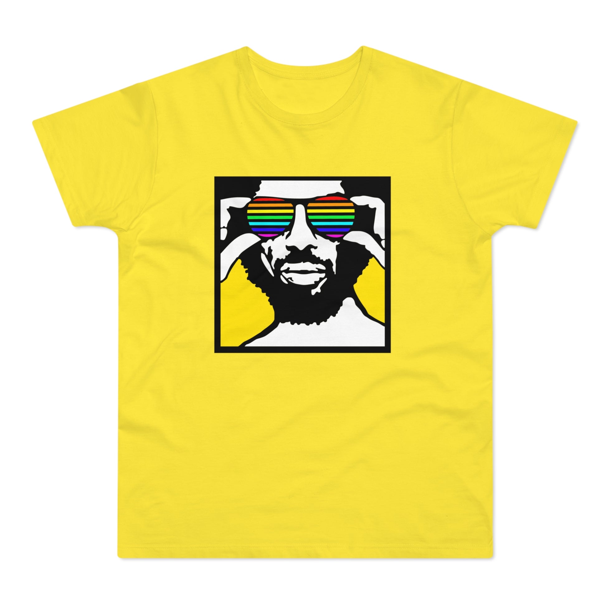 Illustration of man wearing rainbow sunglasses on a yellow t-shirt.