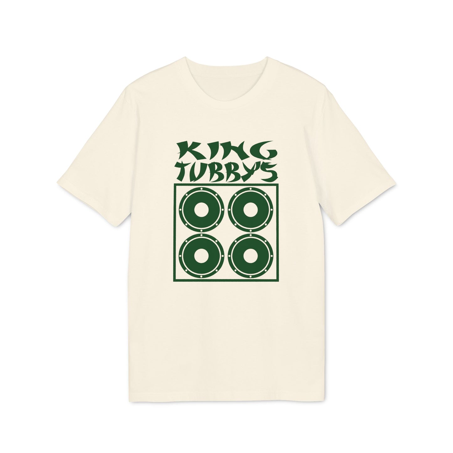 Cream t-shirt with green "King Tubby's" text and four circular speaker graphics.