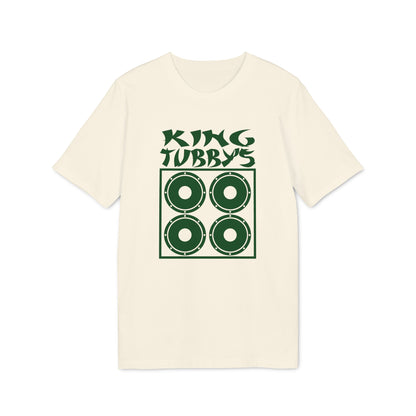 Cream t-shirt with green "King Tubby's" text and four circular speaker graphics.