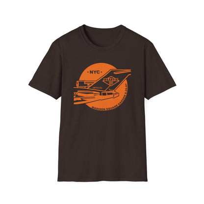 Brown t-shirt with orange Beastie Boys NYC graphic and Madison Square Garden date.