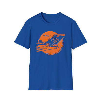Blue t-shirt with orange Beastie Boys NYC Madison Square Garden 8.20.87 graphic.