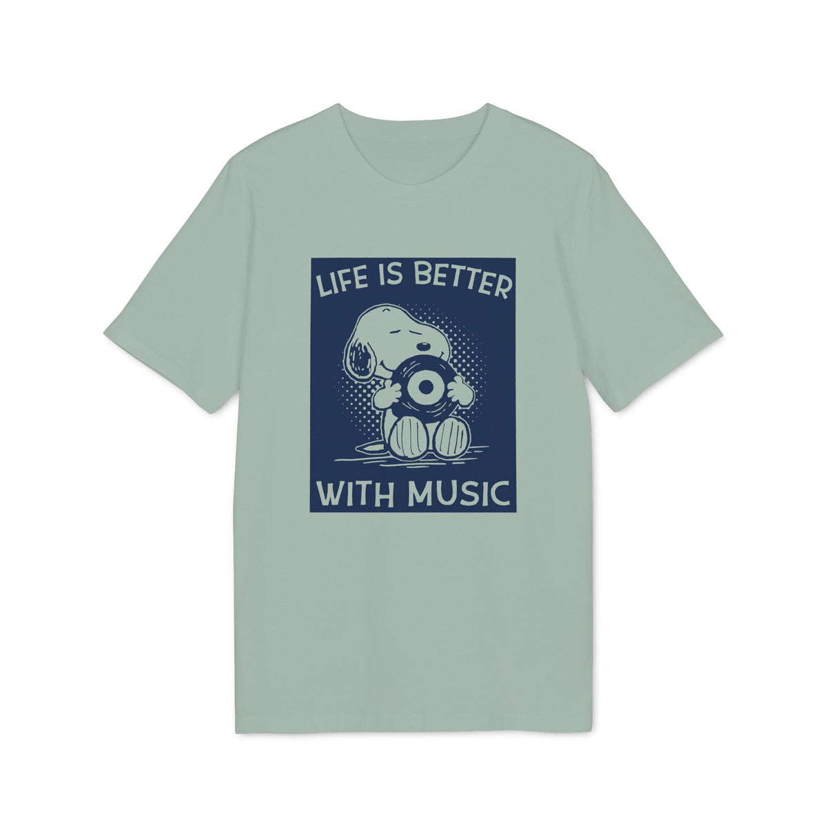 Light green t-shirt with Snoopy holding a record and text "Life is Better With Music."