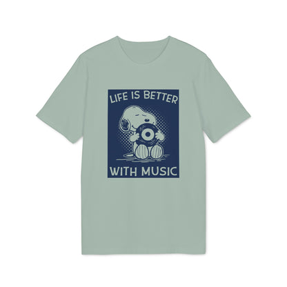 Light green t-shirt with Snoopy holding a record and text "Life is Better With Music."