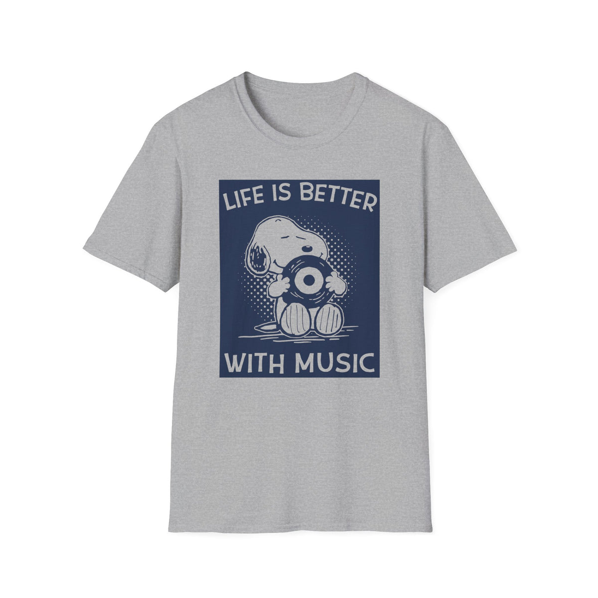 Snoopy on a gray t-shirt holding a record with text "Life is better with music."