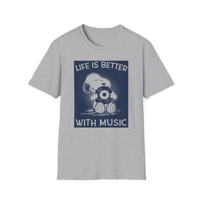 Snoopy on a gray t-shirt holding a record with text "Life is better with music."