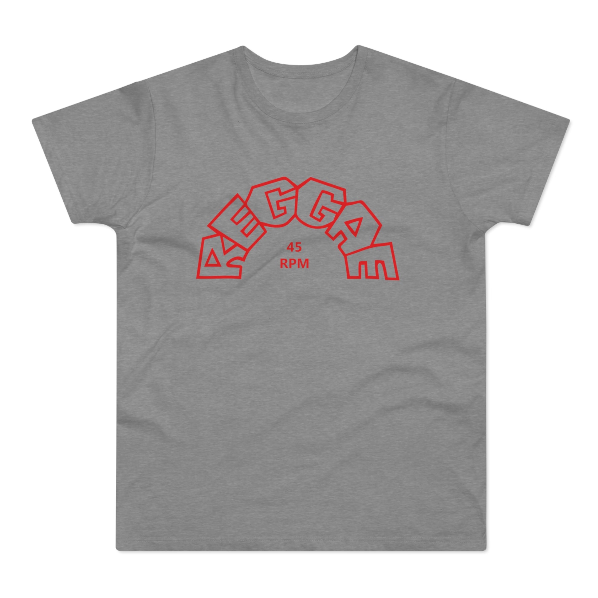 Grey t-shirt with red "Reggae 45 RPM" text logo in an arch.