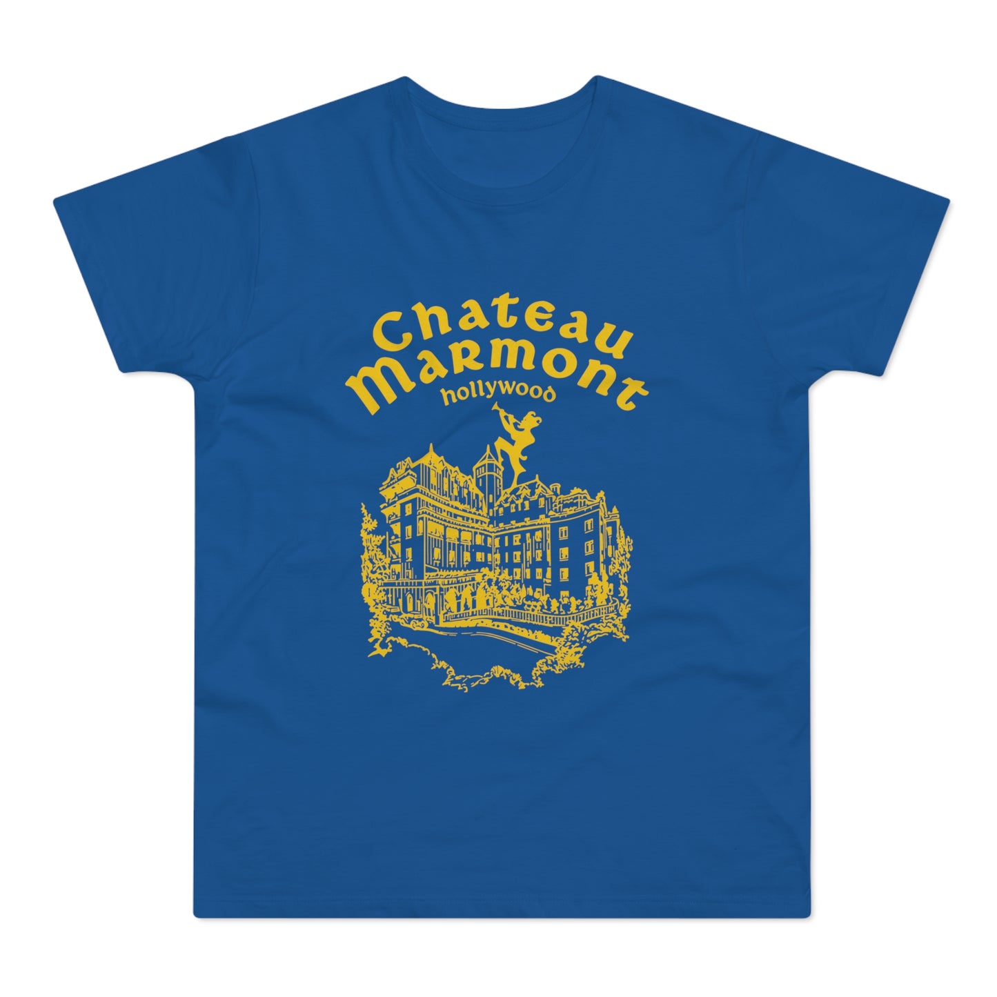 Blue t-shirt with yellow graphic of Chateau Marmont in Hollywood.