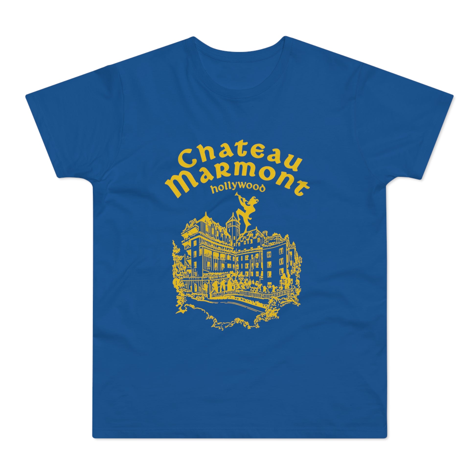 Blue t-shirt with yellow graphic of Chateau Marmont in Hollywood.