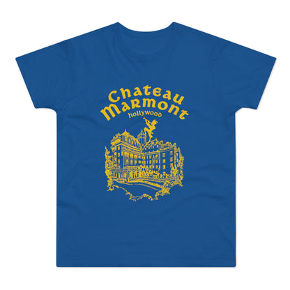 Blue t-shirt with yellow graphic of Chateau Marmont in Hollywood.