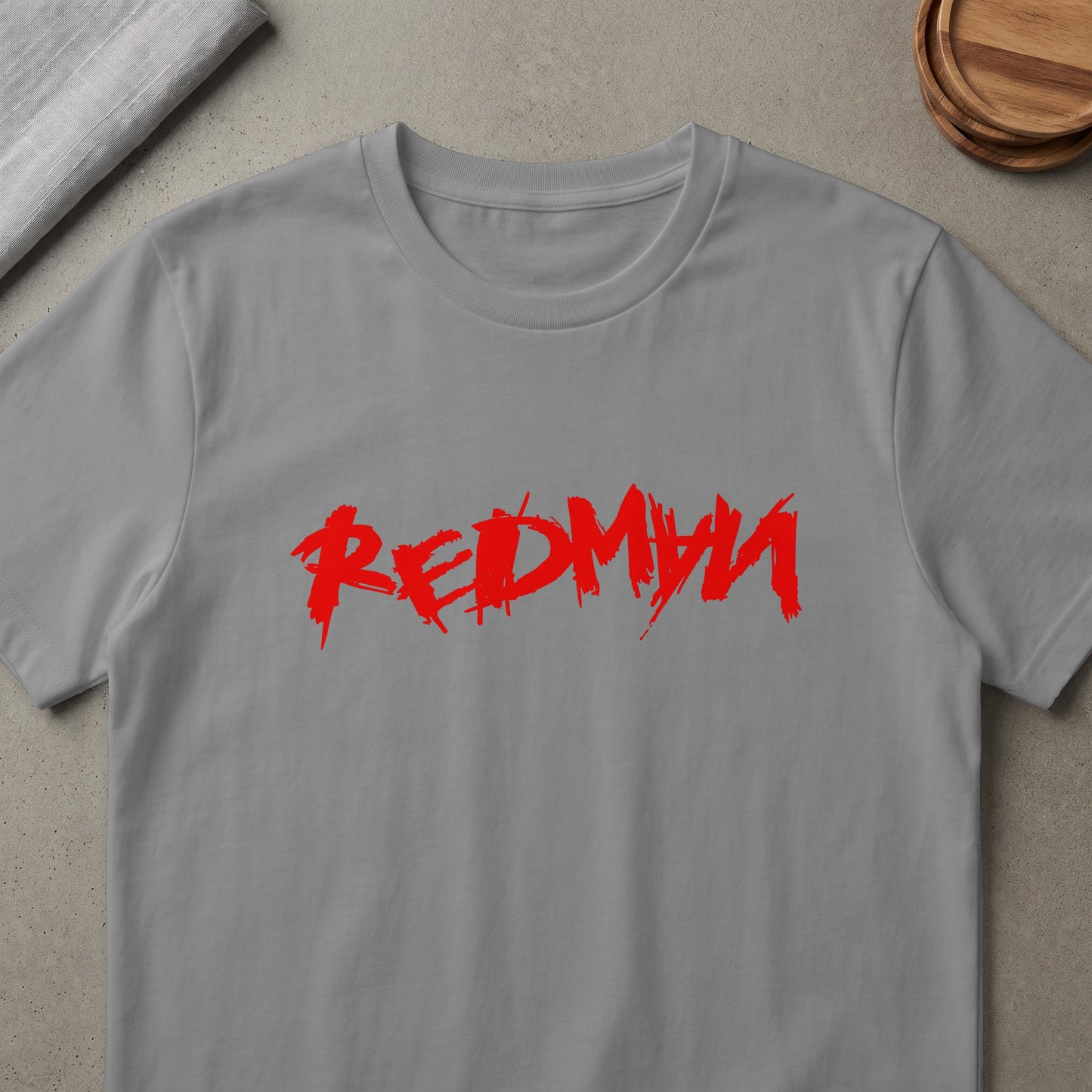 Grey t-shirt with red "REDMU" text in a distressed font.