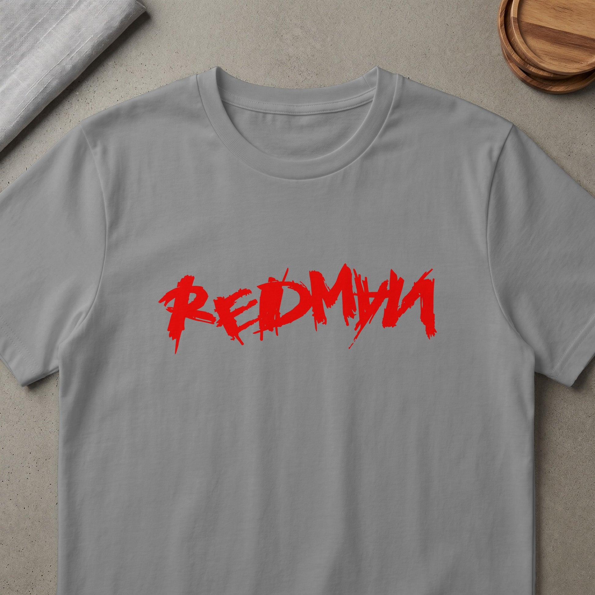Grey t-shirt with red "REDMU" text in a distressed font.