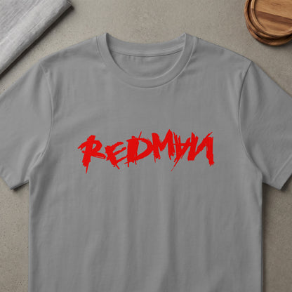 Grey t-shirt with red "REDMU" text in a distressed font.