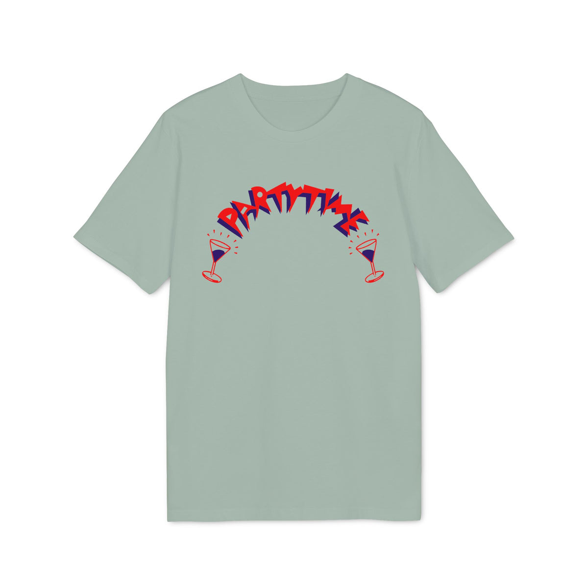 Light grey t-shirt with red and blue "PARTY TIME" text and martini glasses.