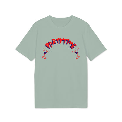 Light grey t-shirt with red and blue "PARTY TIME" text and martini glasses.