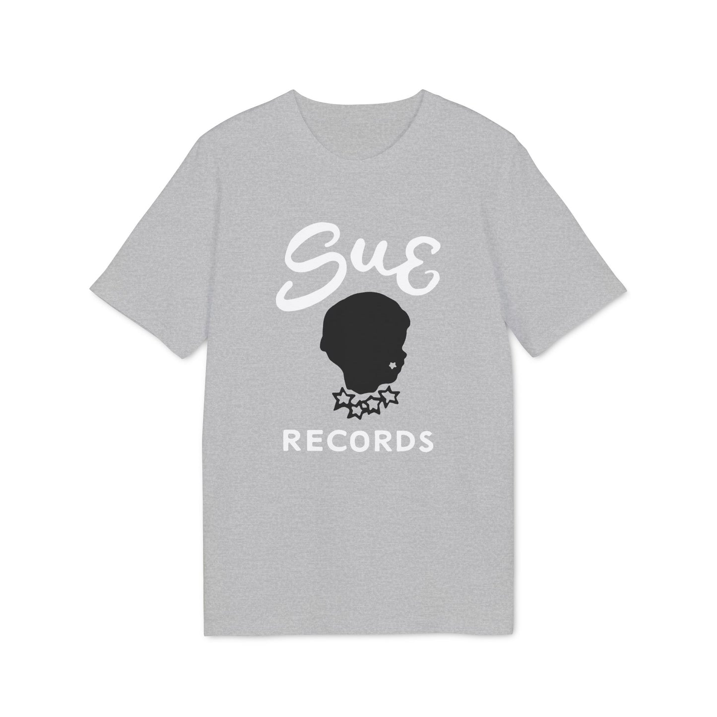 Grey t-shirt with "Sue Records" text and silhouette logo