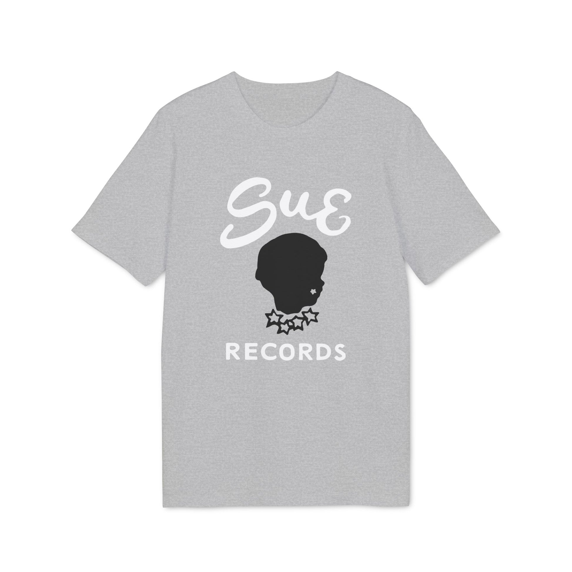 Grey t-shirt with "Sue Records" text and silhouette logo