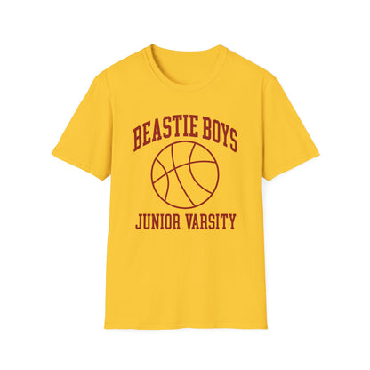 Yellow t-shirt with Beastie Boys Junior Varsity text and basketball graphic.
