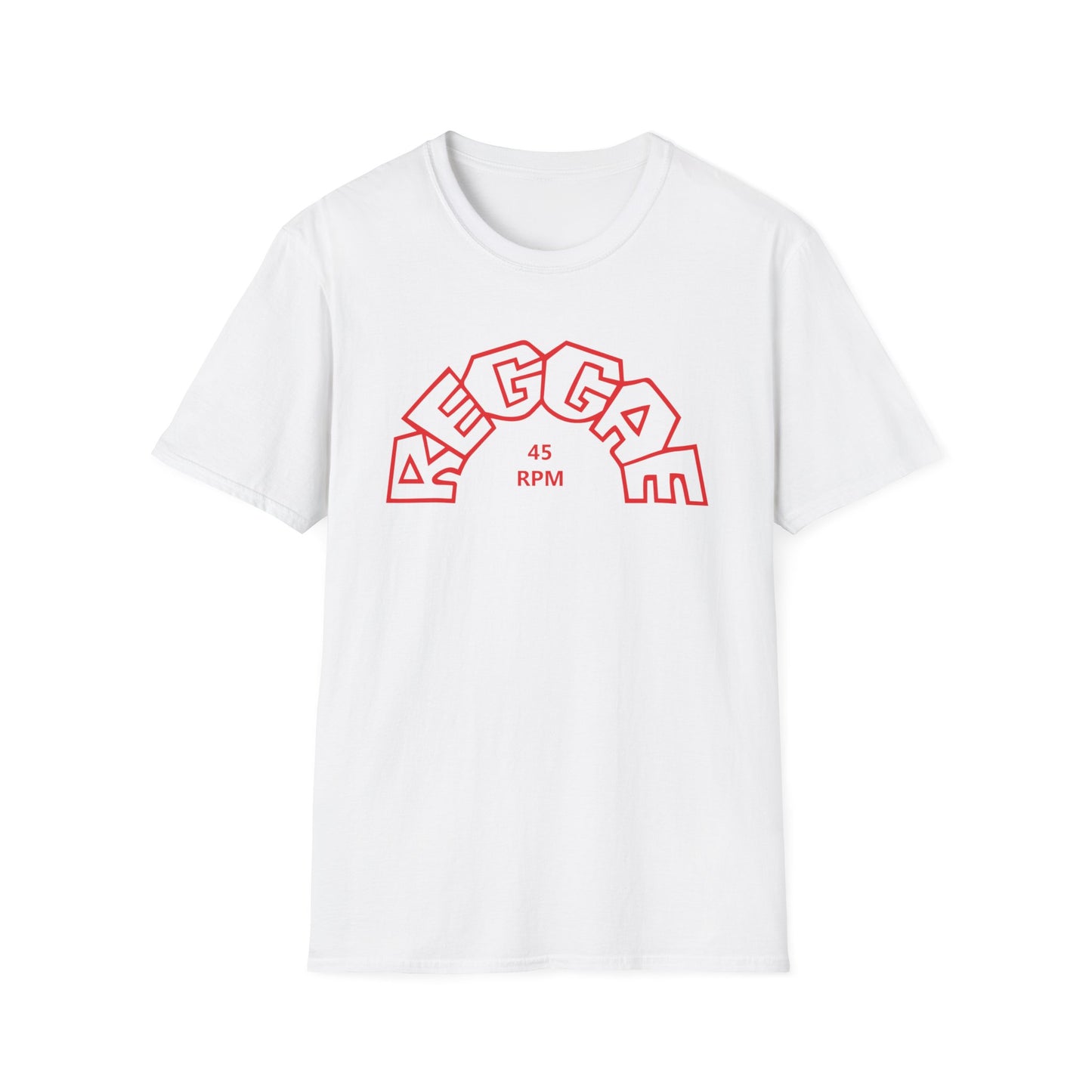 White t-shirt with red outline text "REGGAE" in an arch and "45 RPM".