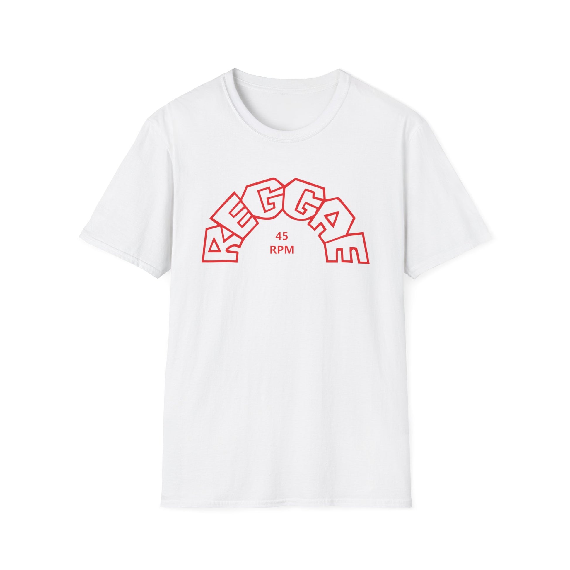 White t-shirt with red outline text "REGGAE" in an arch and "45 RPM".