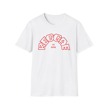 White t-shirt with red outline text "REGGAE" in an arch and "45 RPM".