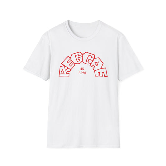 White t-shirt with red outline text "REGGAE" in an arch and "45 RPM".