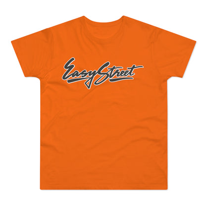 Orange t-shirt with "Easy Street" in black script lettering.