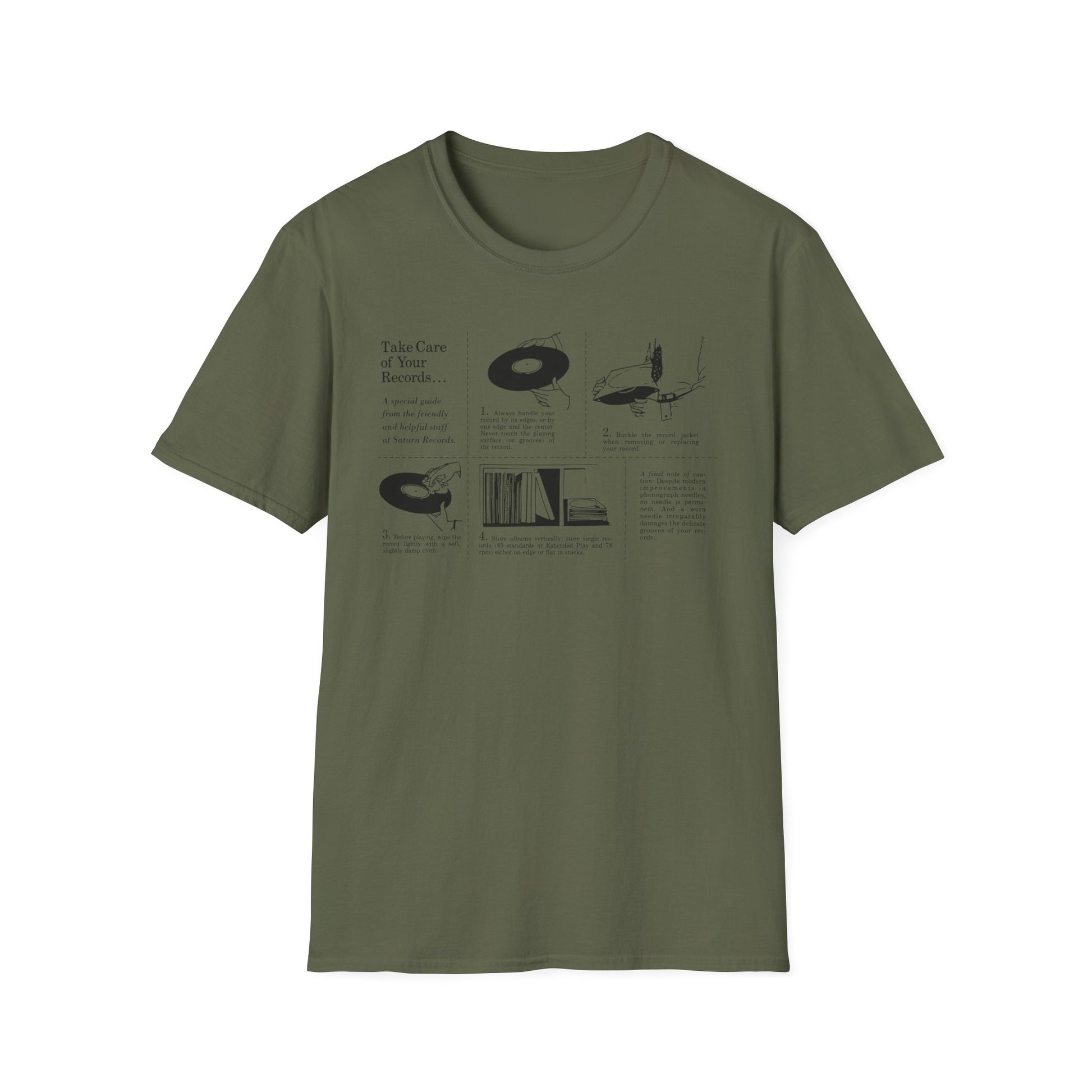 Olive green t-shirt with "Take Care of Your Records" guide.