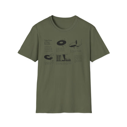 Olive green t-shirt with "Take Care of Your Records" guide.