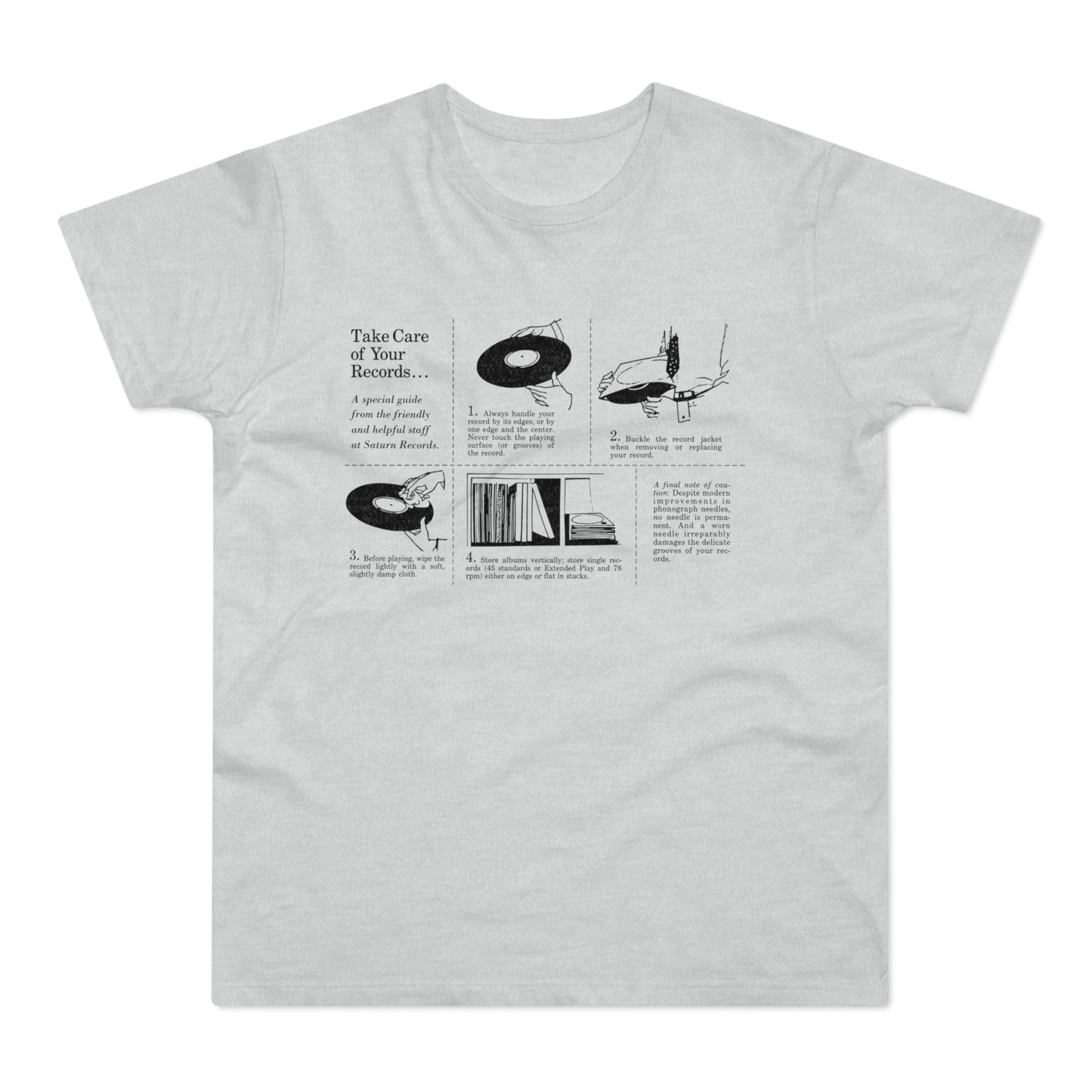 Black and white graphic detailing how to properly care for vinyl records.